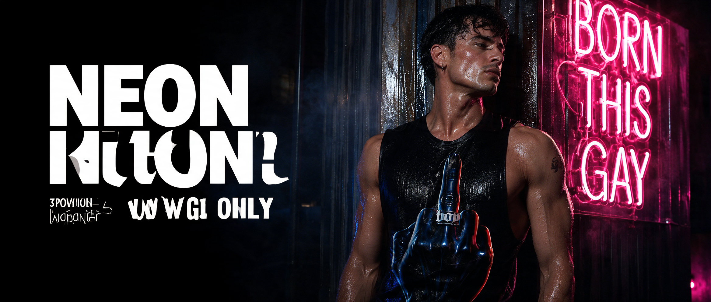 NeonQueer model in Cyber Middle Finger tank under Born This Gay neon