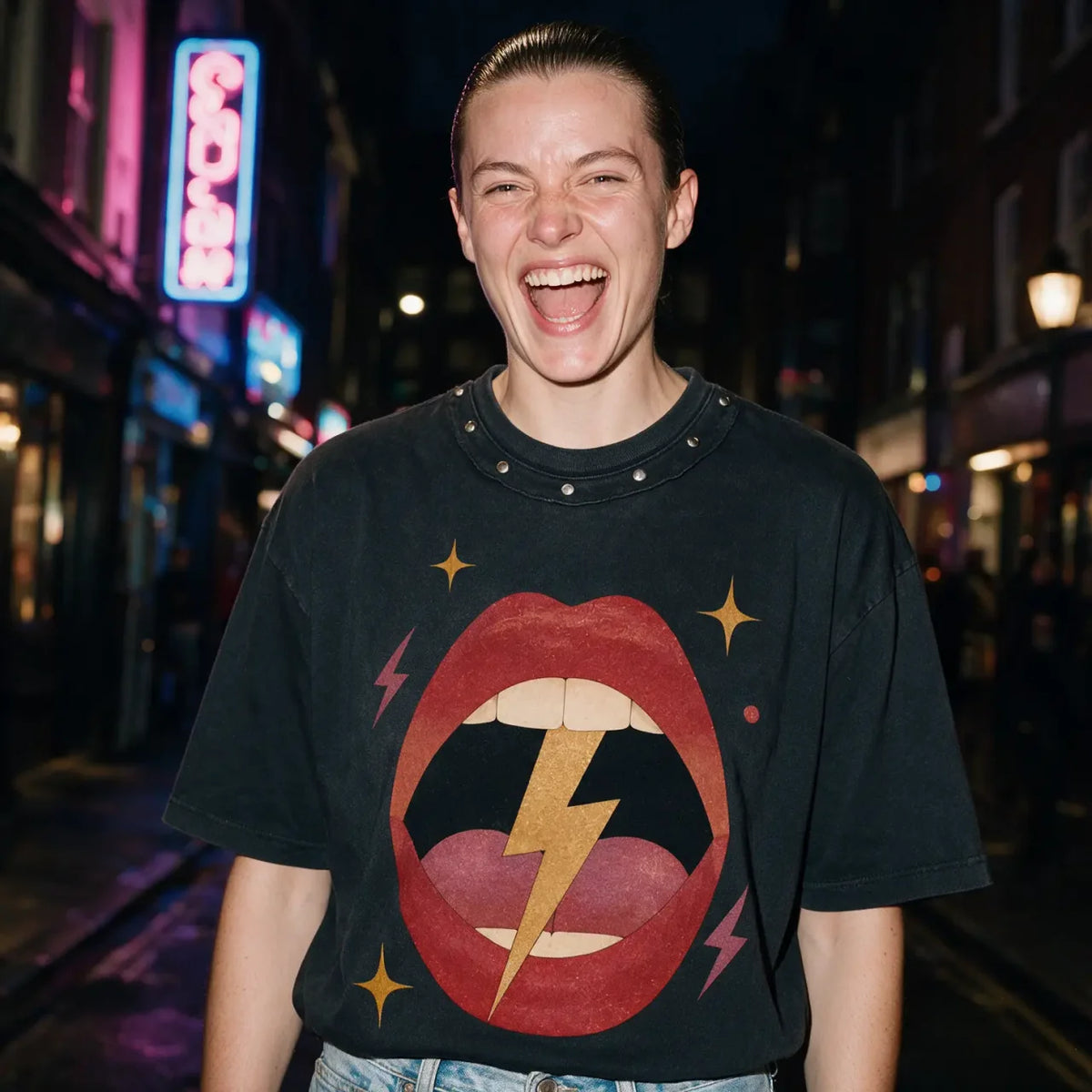 NeonQueer,SexyElectric,StuddedTShirt,BoxyTShirt,QueerFashion,LGBTQClothing,StatementTee,AlternativeStreetwear,RetroStyle,QueerStyle