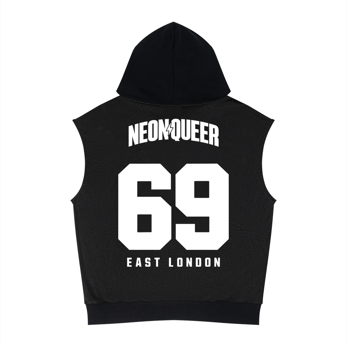 NeonQueer,69er,SleevelessHoodie,MeshHoodie,QueerFashion,LGBTQClothing,QueerStreetwear,EastLondonStyle,CampFashion,StatementStreetwear