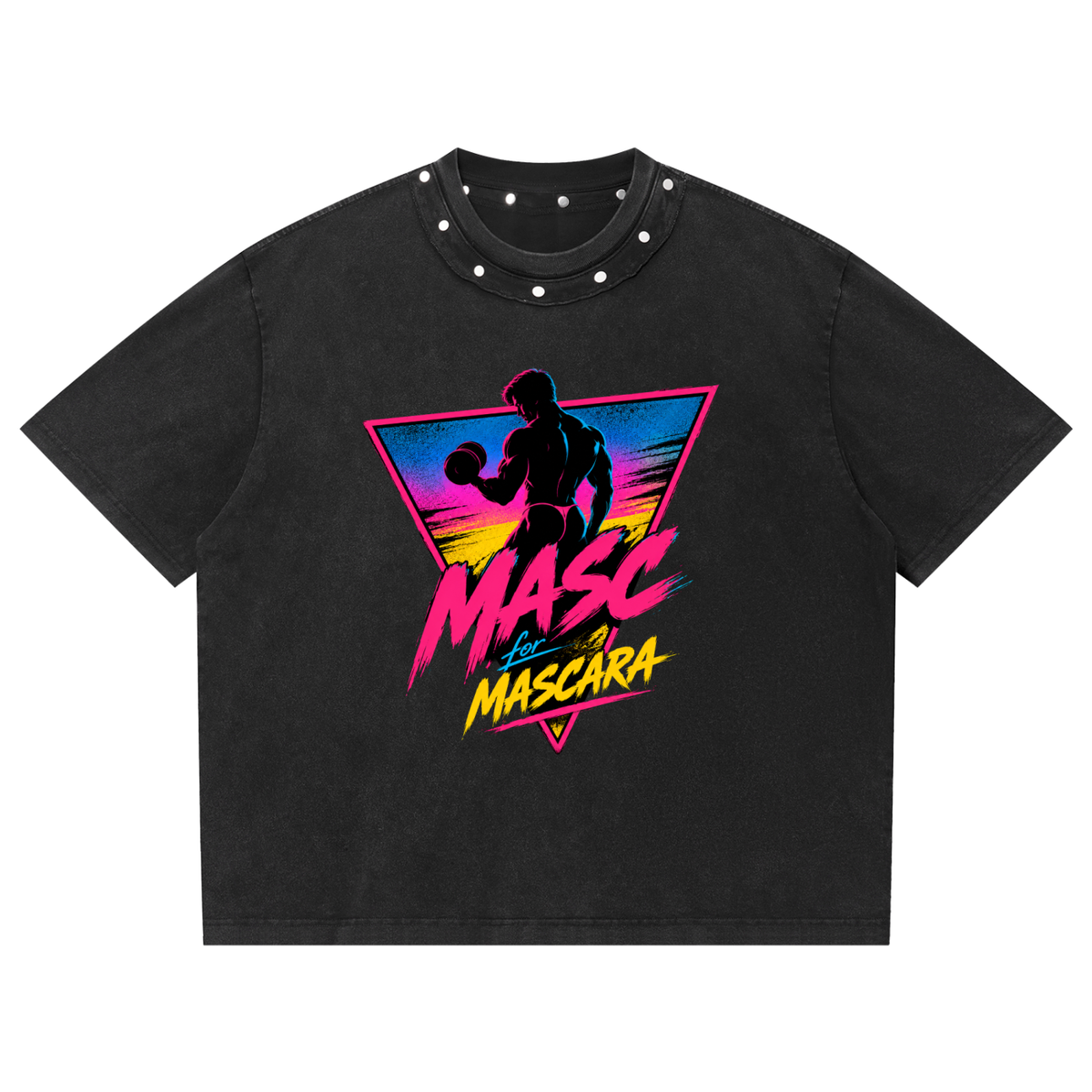 NeonQueer,MascForMascara,80sEdition,StuddedTShirt,BoxyTShirt,QueerFashion,LGBTQClothing,StatementTee,AlternativeStreetwear,QueerStyle
