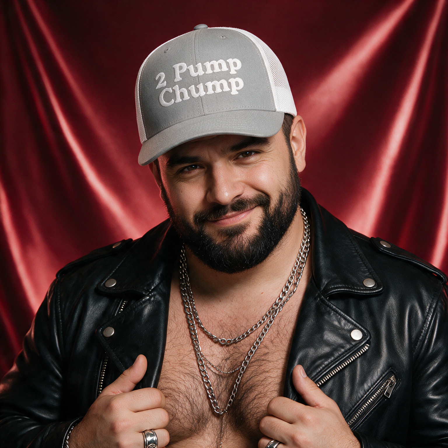 2 Pump Chump trucker cap in pink, studio mockup