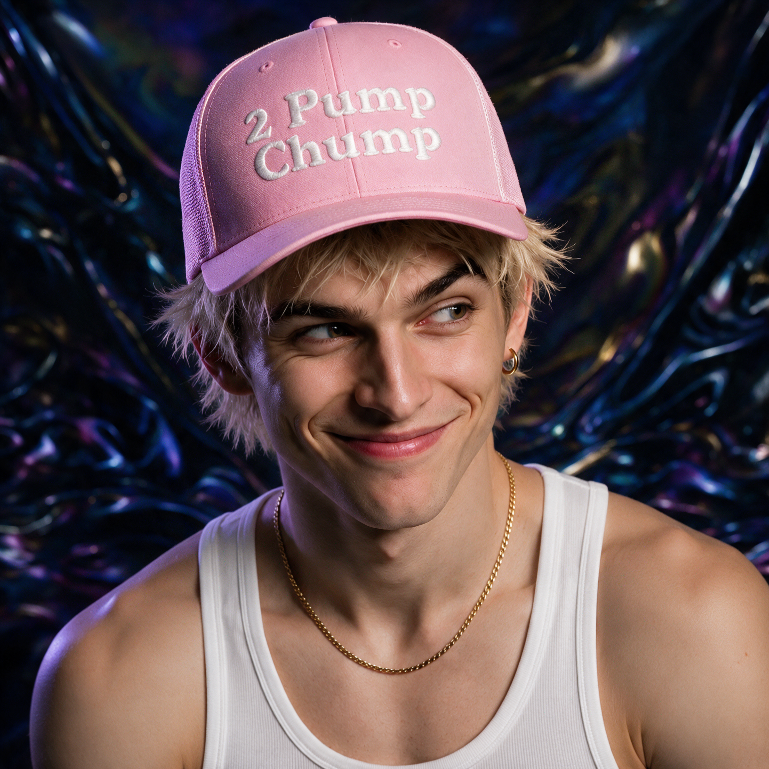 2 Pump Chump trucker cap in pink, studio mockup