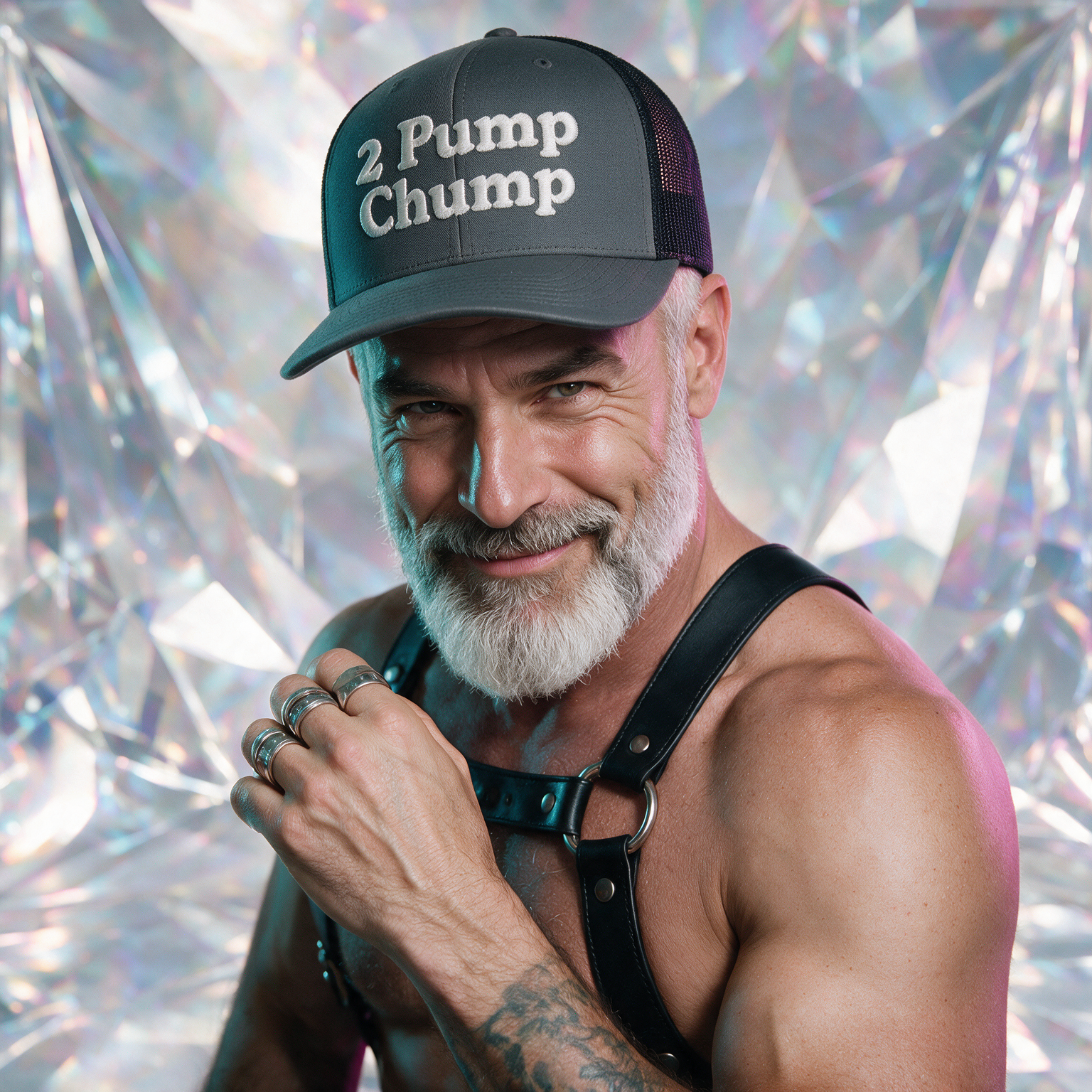 2 Pump Chump trucker cap in heather grey and white, studio mockup