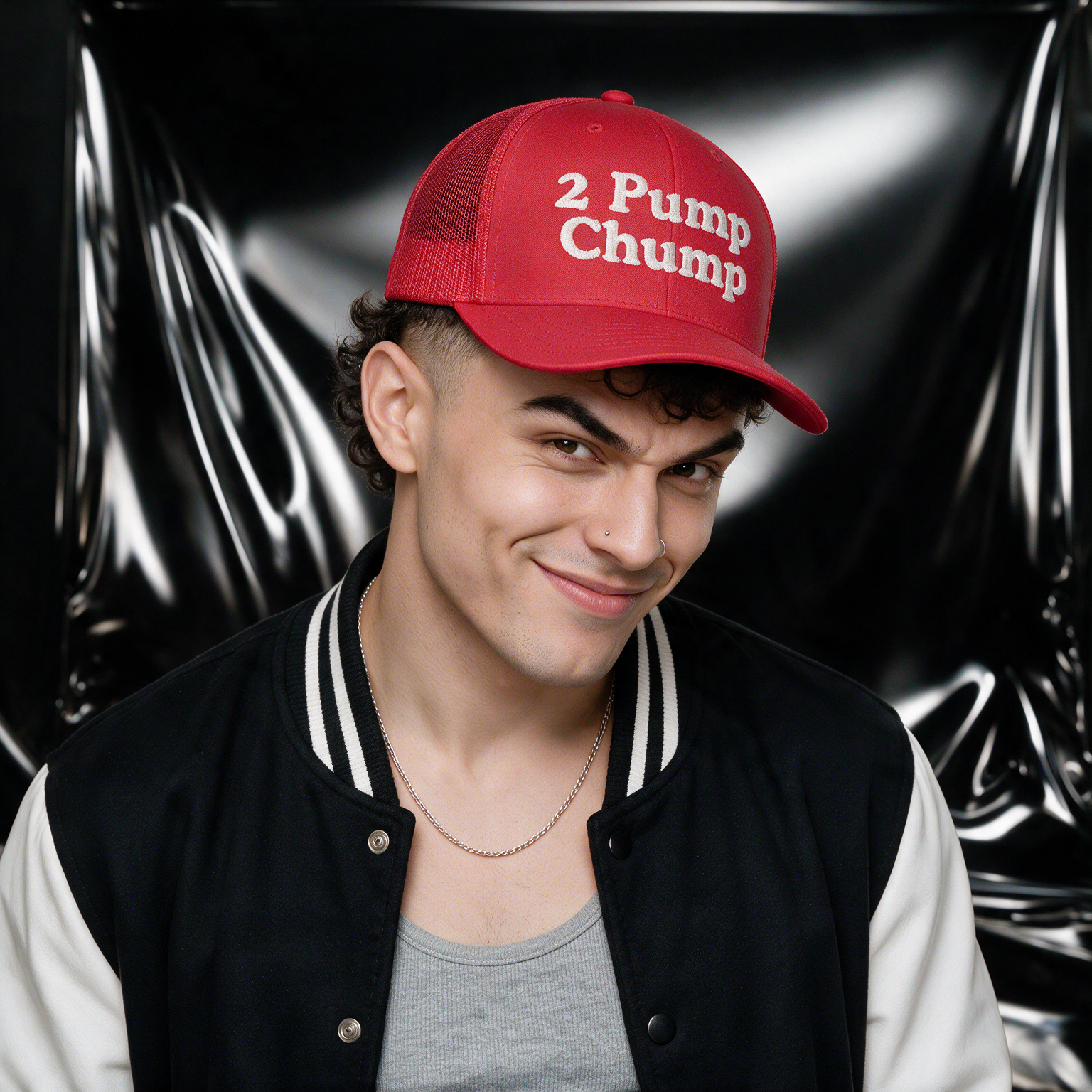 2 Pump Chump trucker cap in red, studio mockup