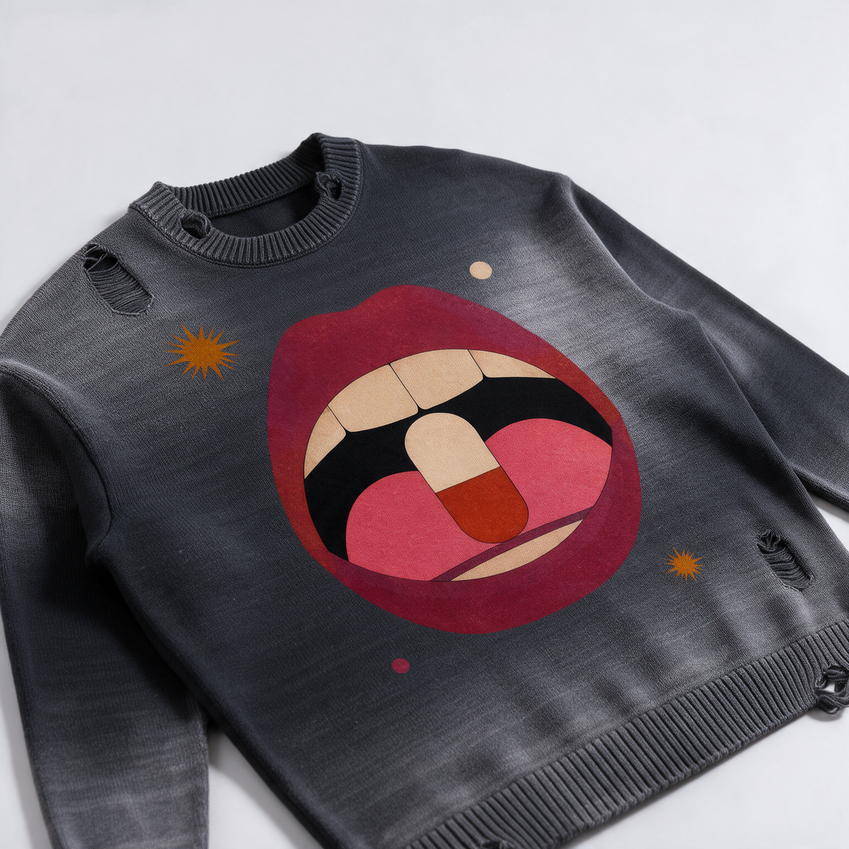 Happy Pill | Sun Fade Distressed Ripped Crewneck Sweater