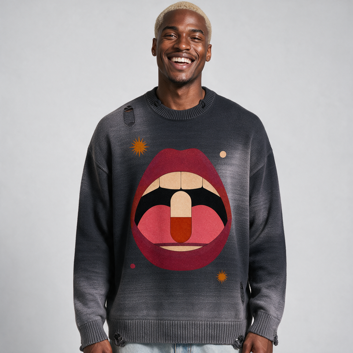 Happy Pill | Sun Fade Distressed Ripped Crewneck Sweater