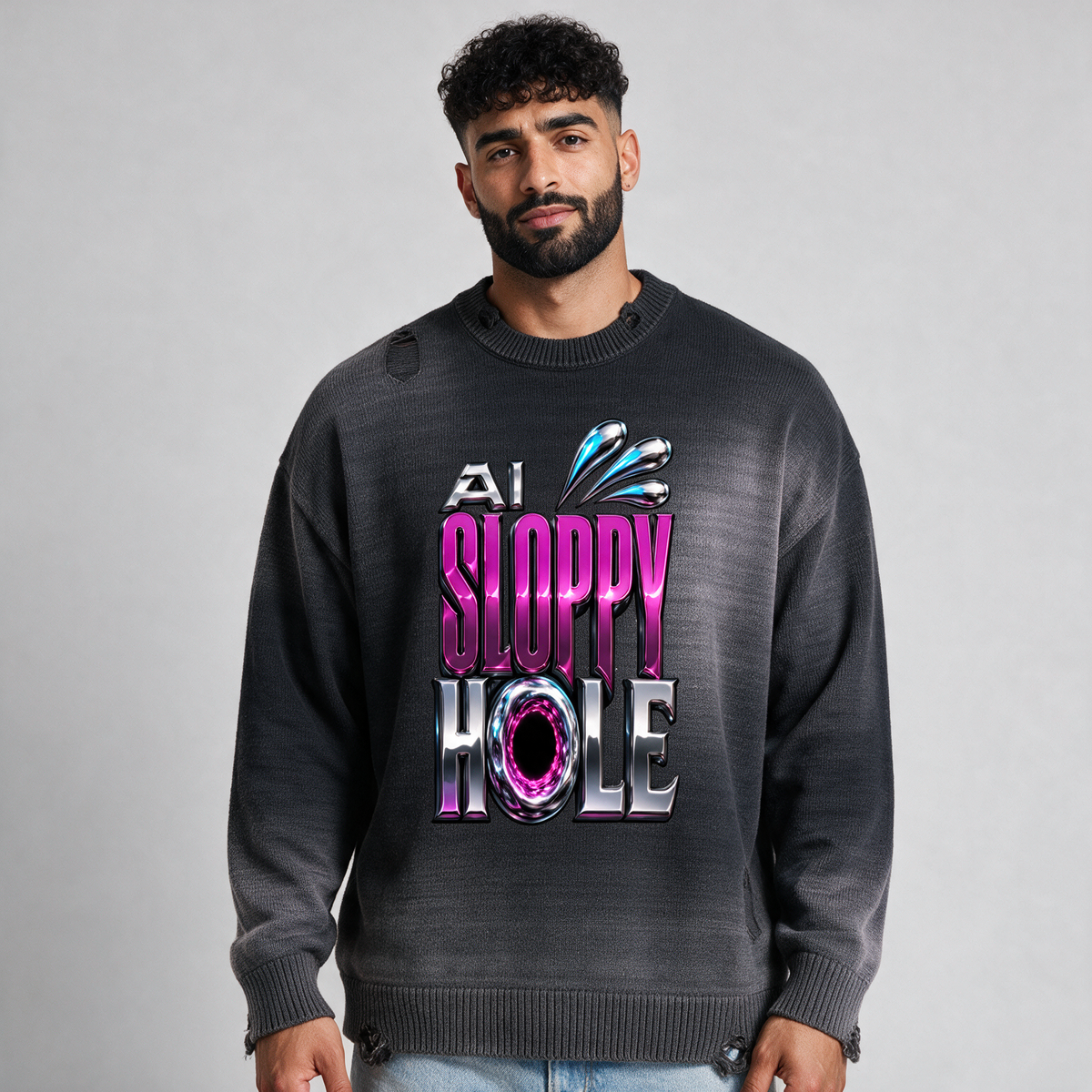 AI Sloppy Hole | Sun Fade Distressed Ripped Crewneck Sweater