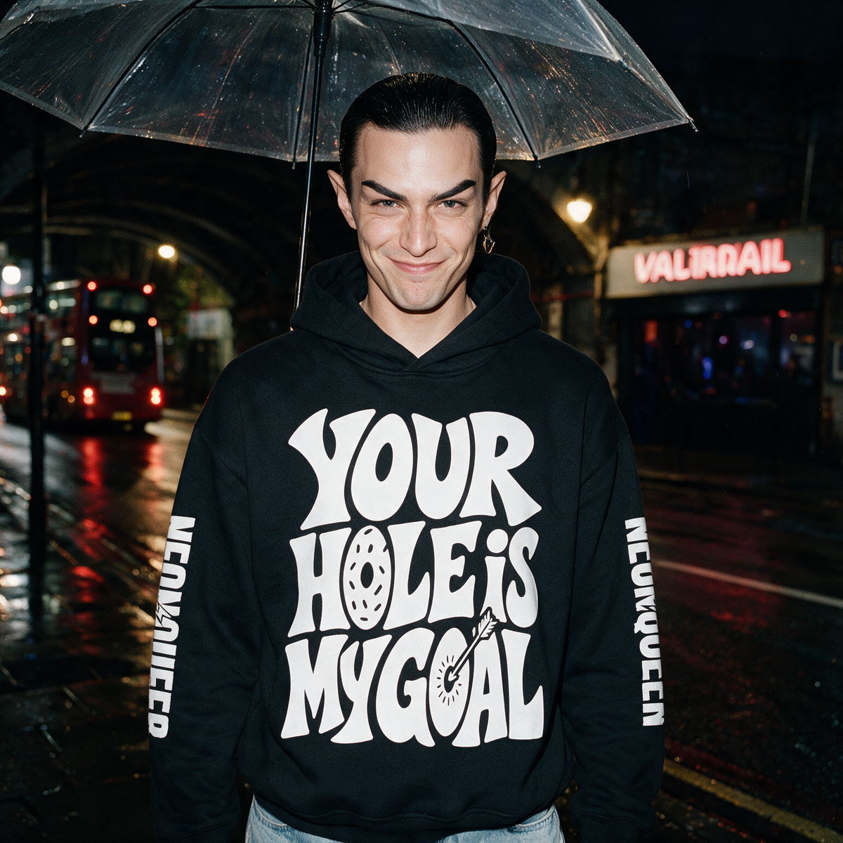 NeonQueer,YourHoleIsMyGoal,QueerFashion,QueerStreetwear,LGBTQClothing,StatementHoodie,BoxyHoodie,CampFashion,QueerHumour,DirtyMinded