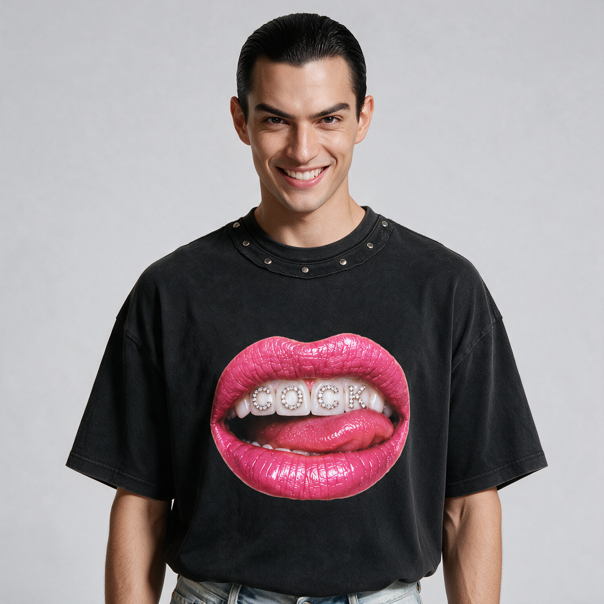 Cocky Mouth | Unisex Washed Boxy Studded T-Shirt
