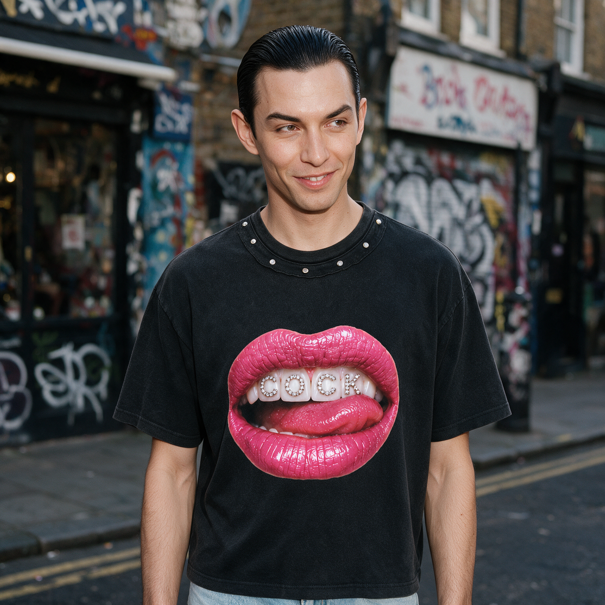 Cocky Mouth | Unisex Washed Boxy Studded T-Shirt