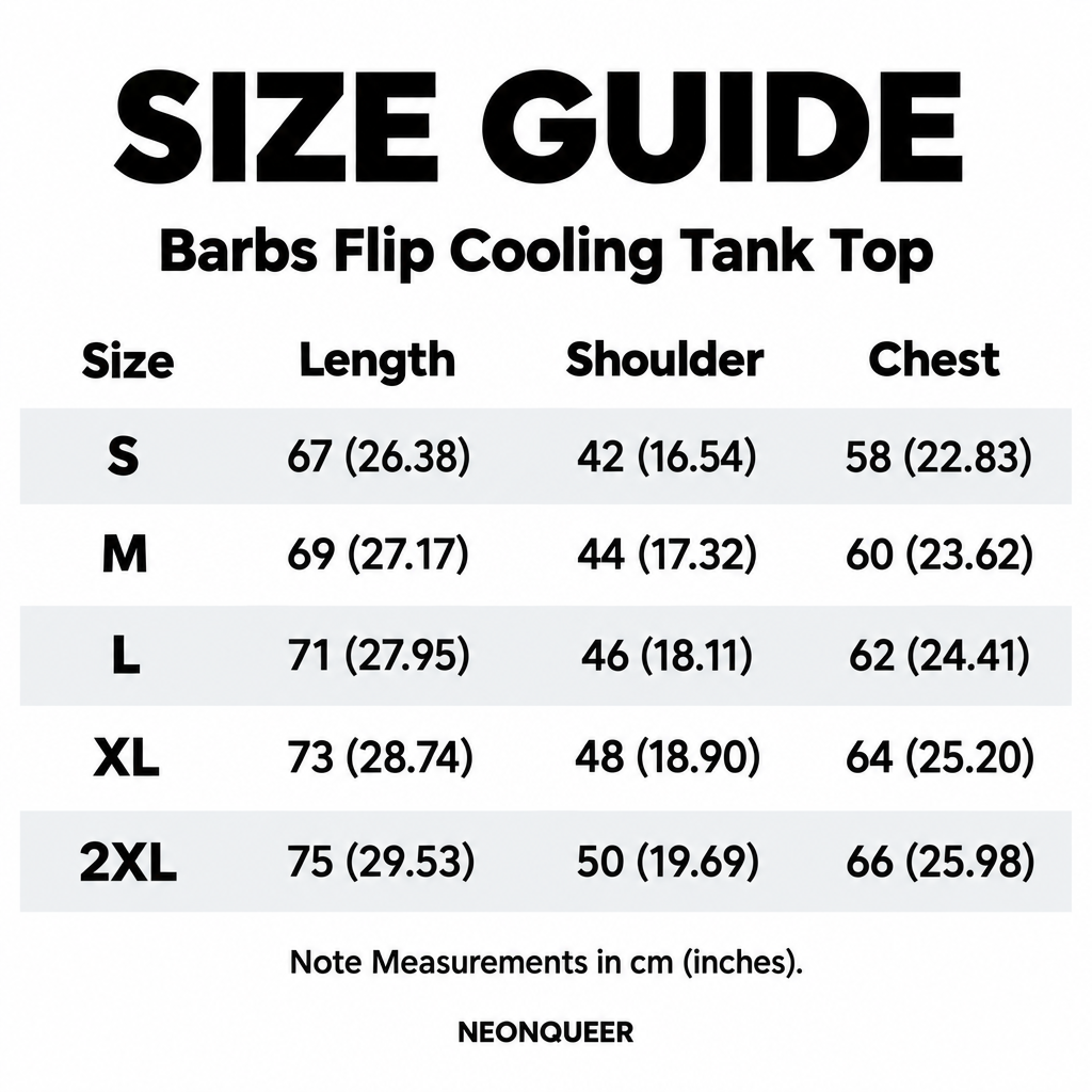 Barbs Flip cooling tank top size guide, S to 2XL, showing length, shoulder and chest measurements in centimetres and inches.