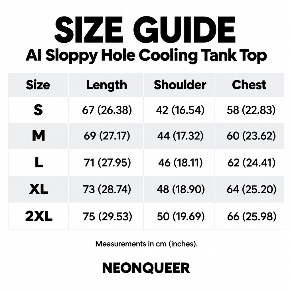 AI Sloppy Hole cooling tank top size guide for S to 2XL, showing length, shoulder and chest measurements in centimetres and inches.