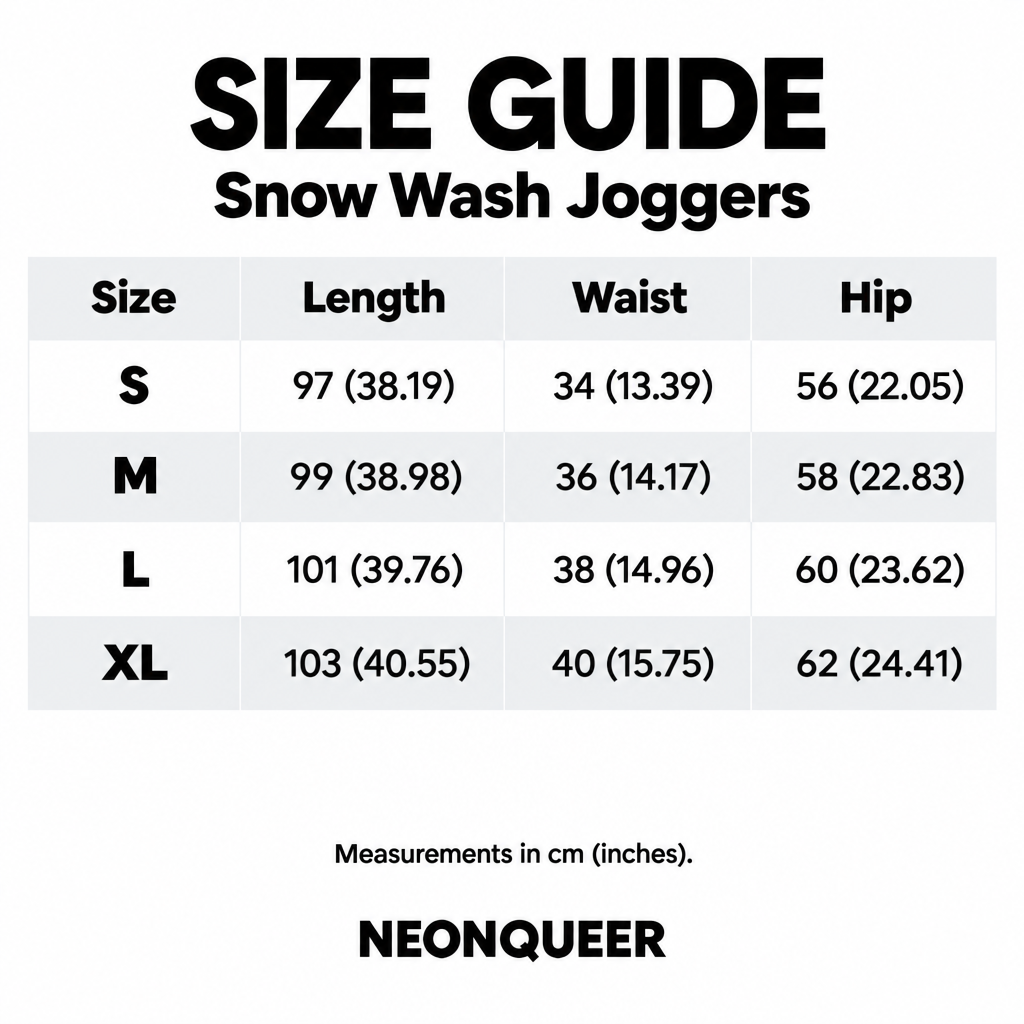 Snow-wash joggers size guide for S to XL, with length, waist and hip measurements in centimetres and inches.