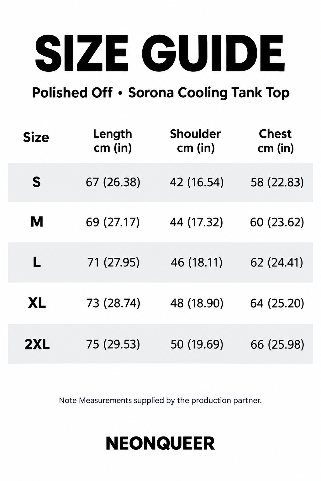 Polished Off Sorona cooling tank top size guide, S to 2XL, with length, shoulder and chest measurements in centimetres and inches.
