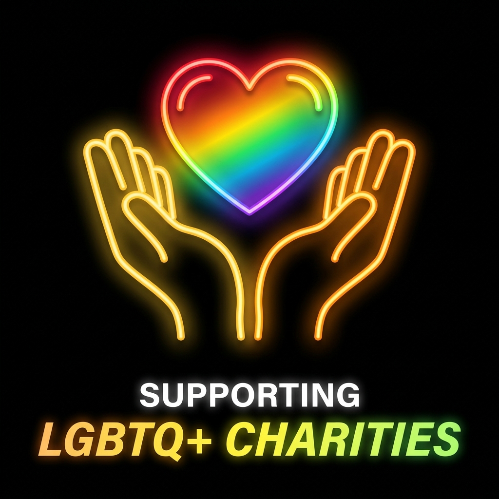 Neon icon card: hands holding rainbow heart, Supporting LGBTQ+ Charities
