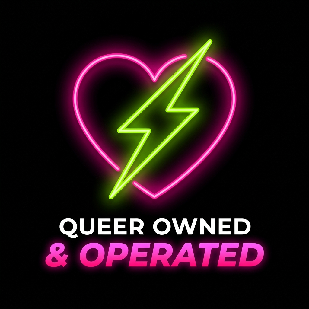 Neon icon card: heart with lightning, Queer Owned & Operated
