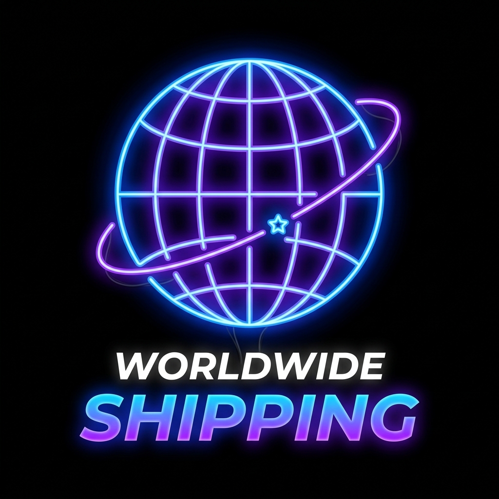 Neon icon card: globe, Worldwide Shipping
