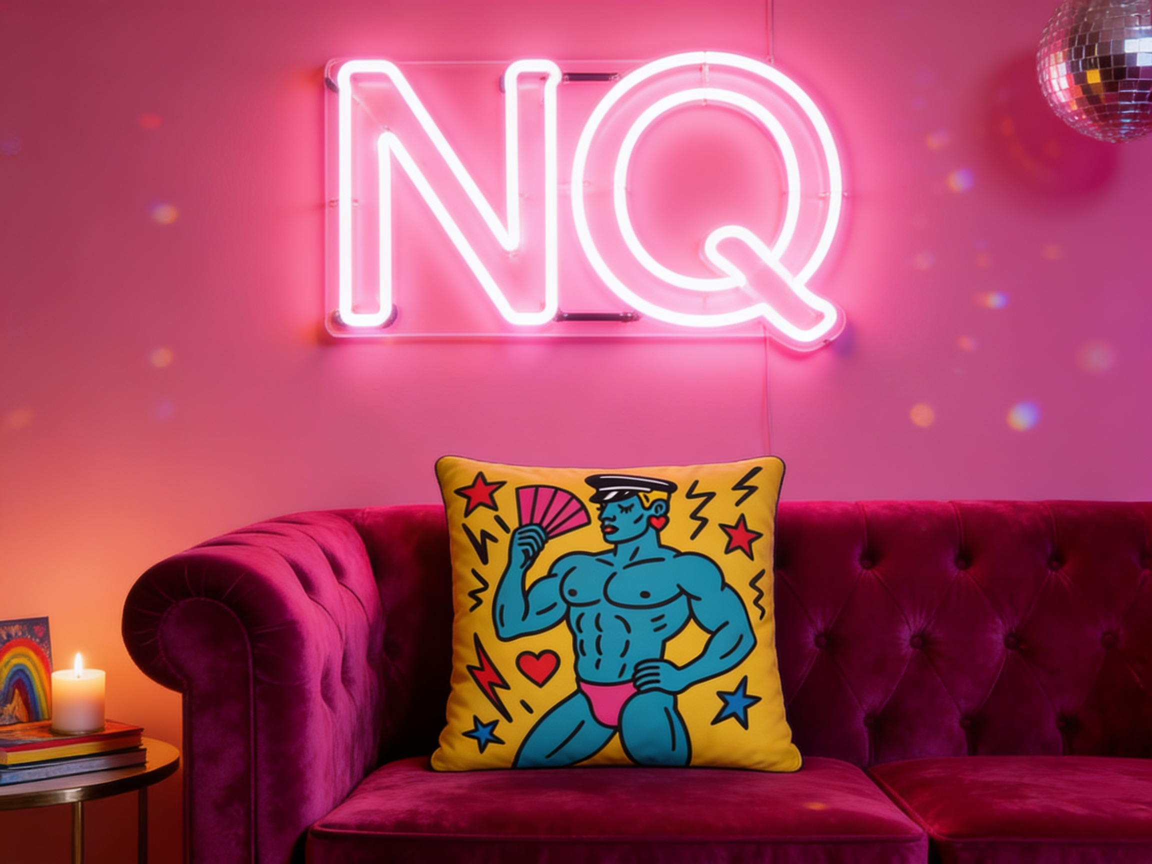 Queer interiors hero: NQ neon sign, magenta sofa, Born To Slay cushion
