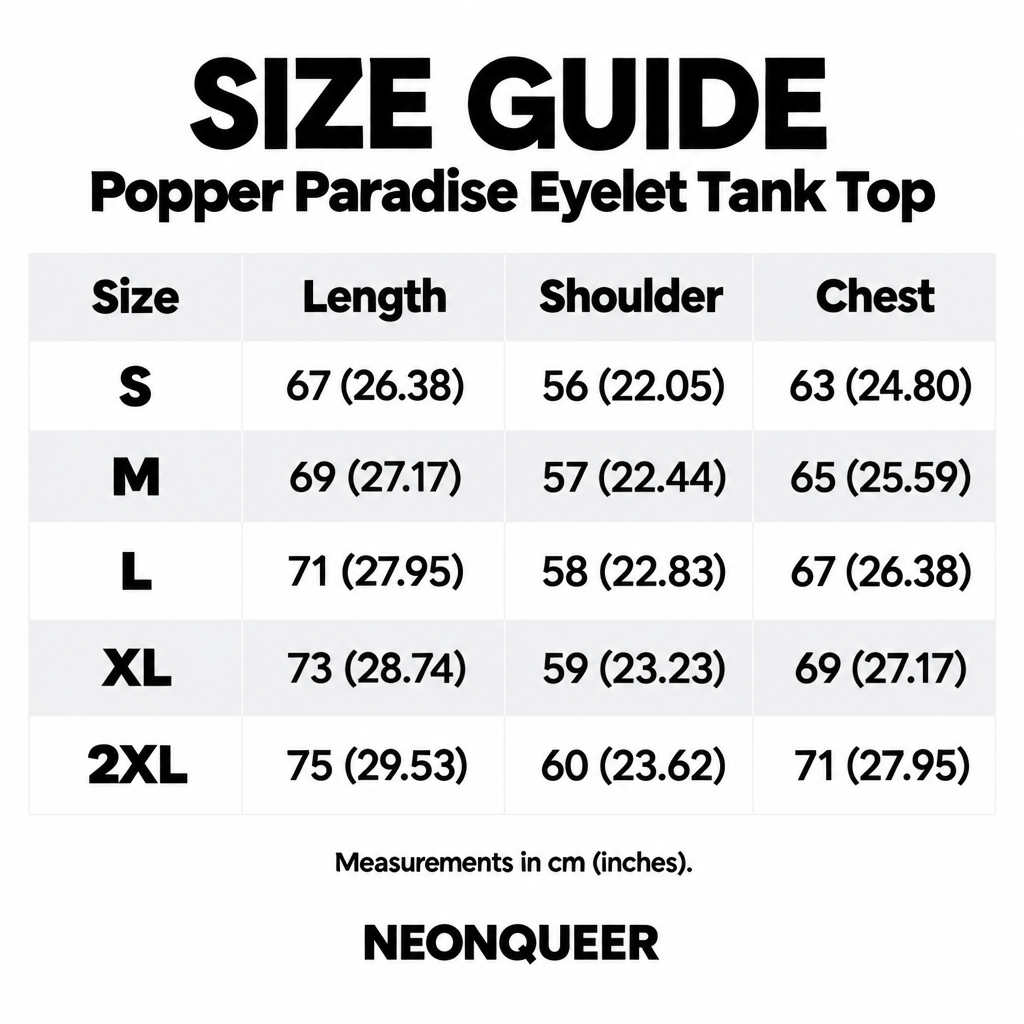Popper Paradise eyelet tank top size guide, S to 2XL, with length, shoulder and chest measurements in centimetres and inches.